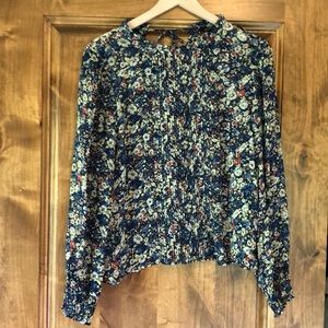 Zara Navy floral long-bishop sleeve pleated blouse